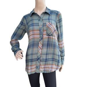 Motherhood Maternity Shirt Women Green Plaid Collared Button Front Top Size S